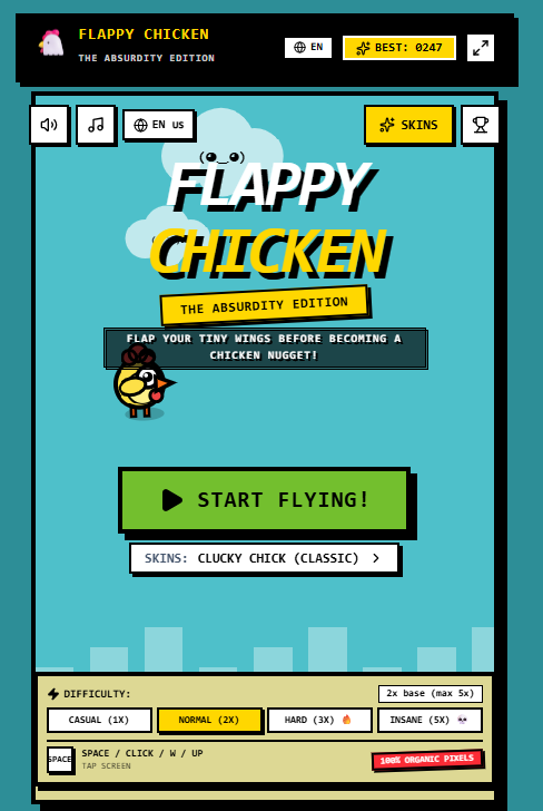 Flappy Chicken: The Absurdity Edition — 2D Retro Arcade Web Game with Comic Physics & Combo Multipliers