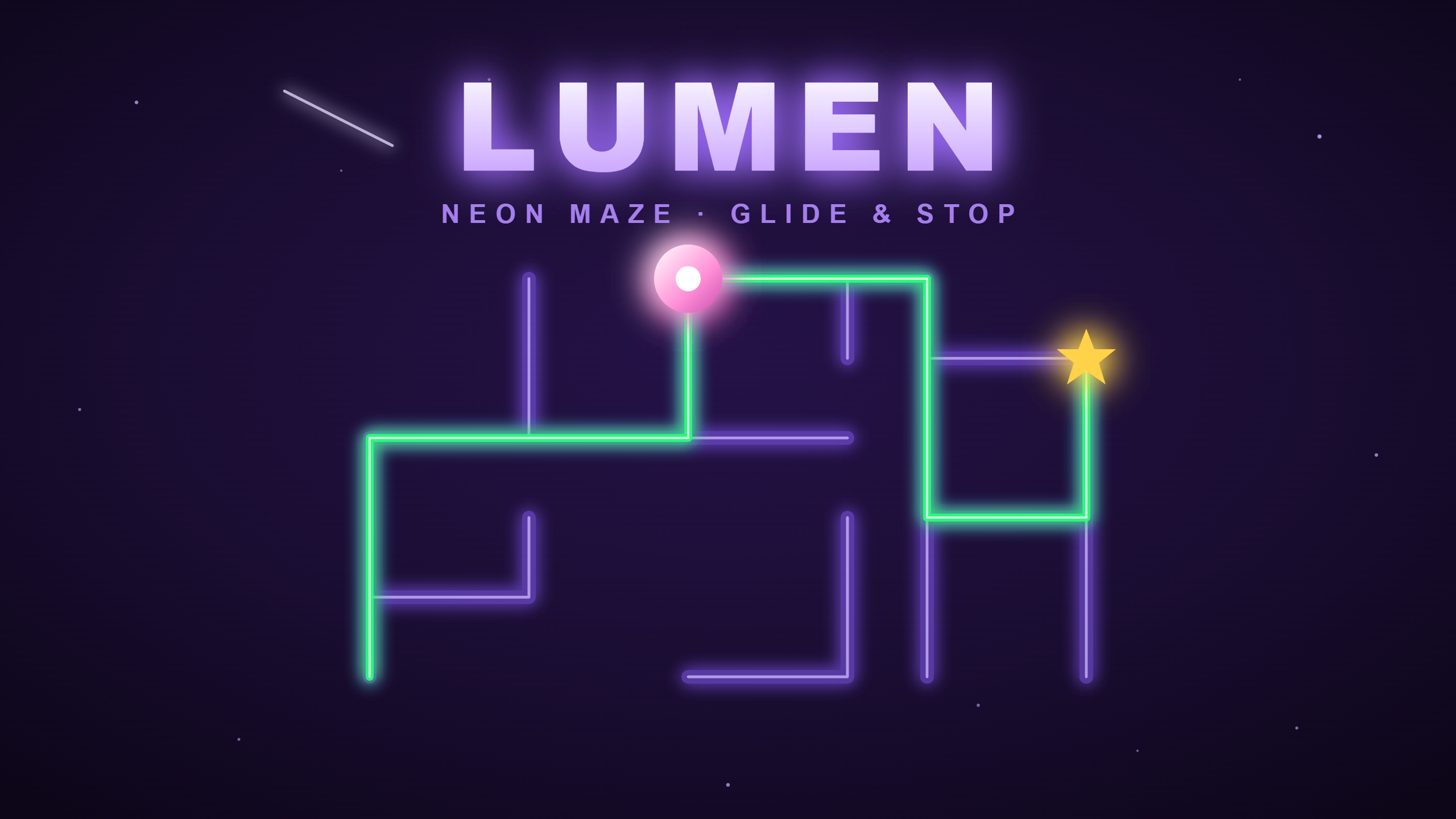 LUMEN, a neon sliding maze puzzle where you guide a light that glides through glowing corridors and stops at each junction until it reaches the golden star, with a fresh procedurally generated maze that gets tougher every level.