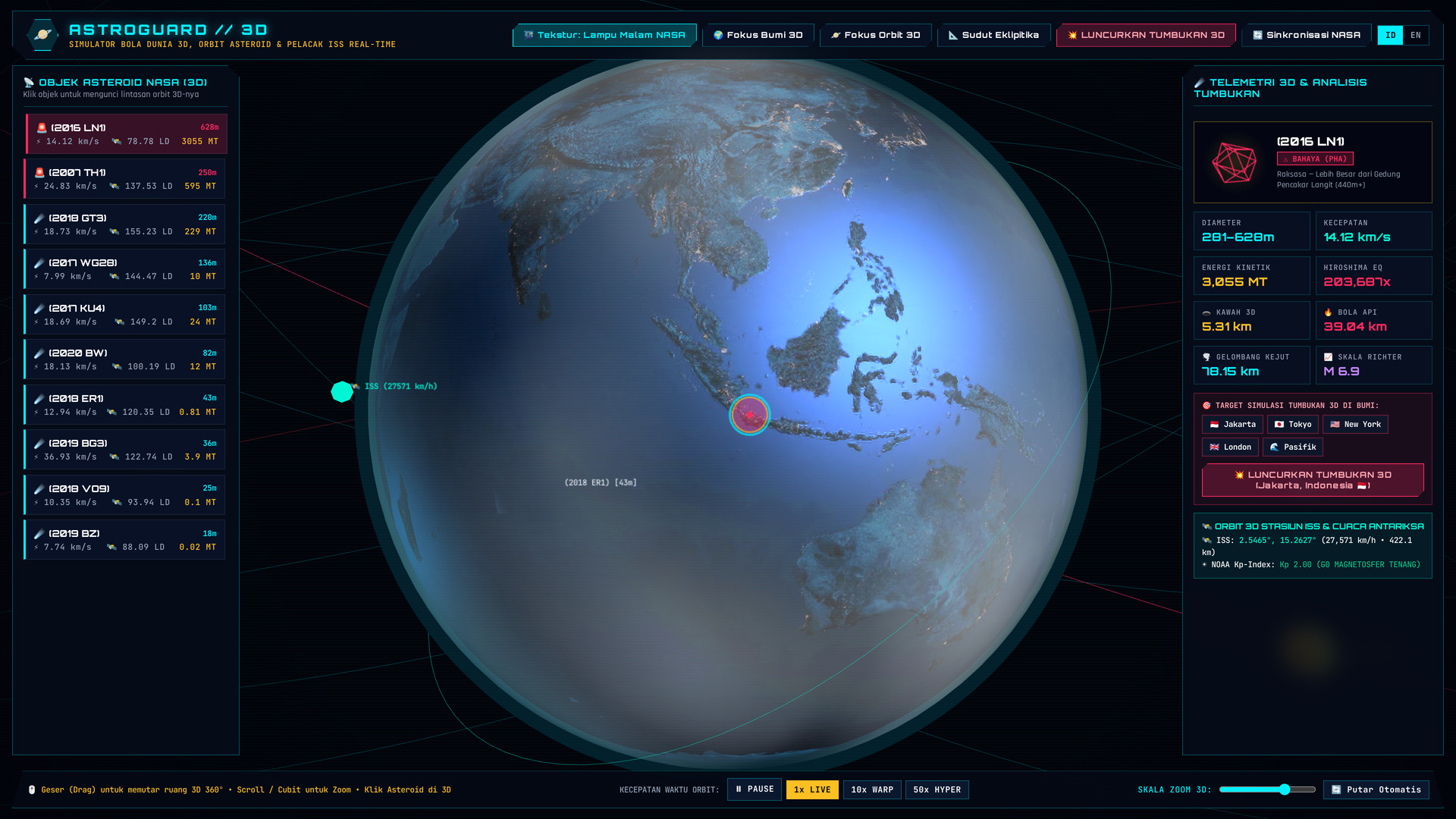 ASTROGUARD . 3D — Interactive WebGL 3D Earth Globe, Real-Time NASA Asteroid Orrery & Crater Impact Simulator