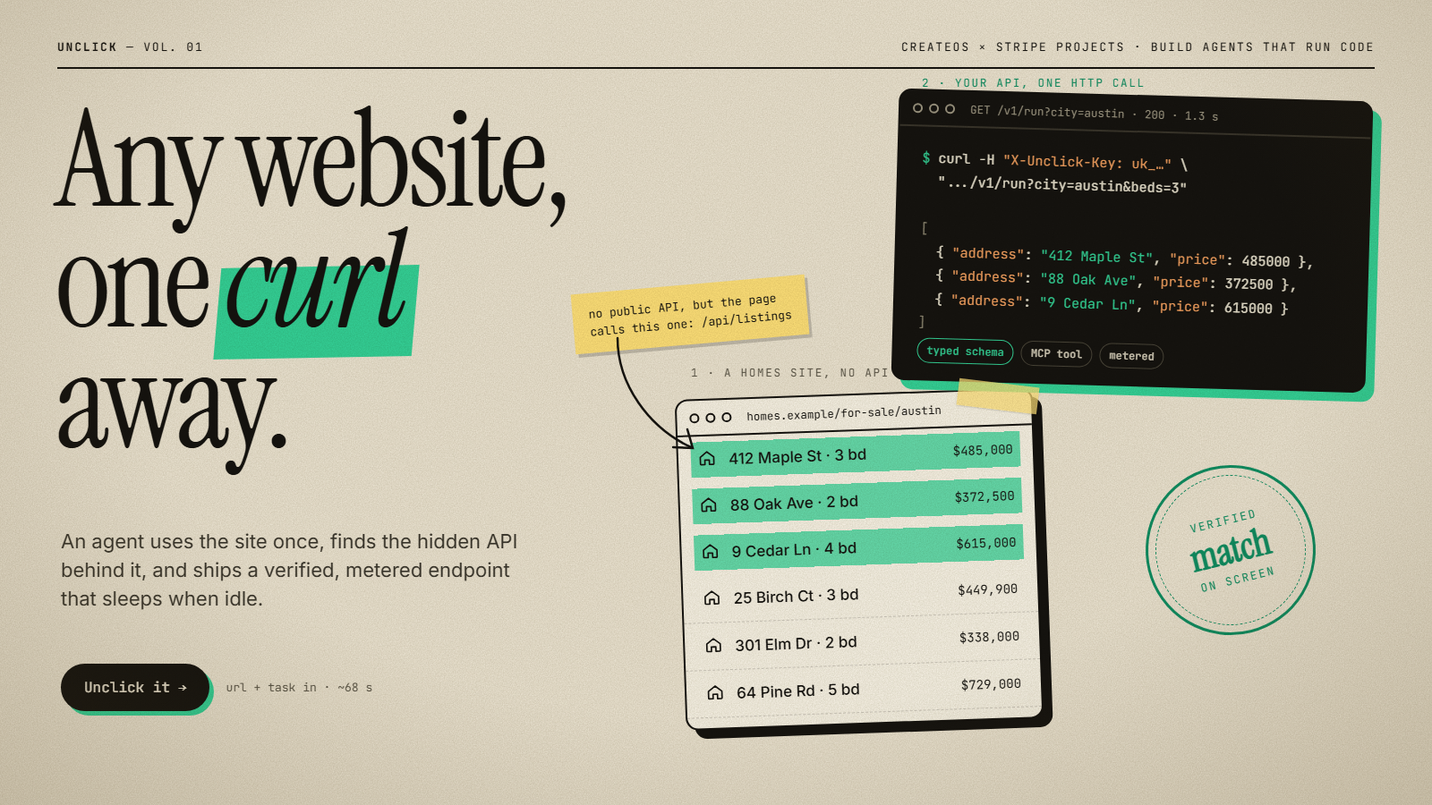 An AI agent drives Chrome in a CreateOS desktop sandbox, captures the site's hidden JSON API, writes and fixes a Python client until it matches the screen, then ships it as a paid, auto-pausing API with a typed schema and an MCP endpoint.