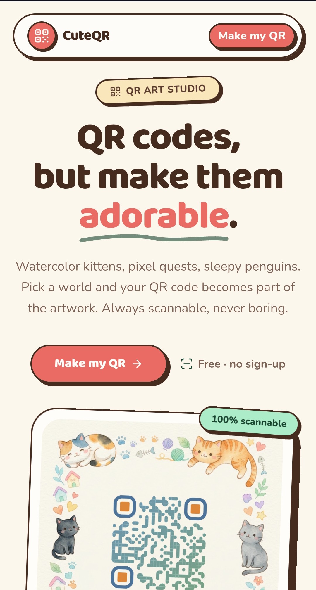 CuteQR is a QR Art Generator that transforms ordinary QR codes into adorable, scannable artworks