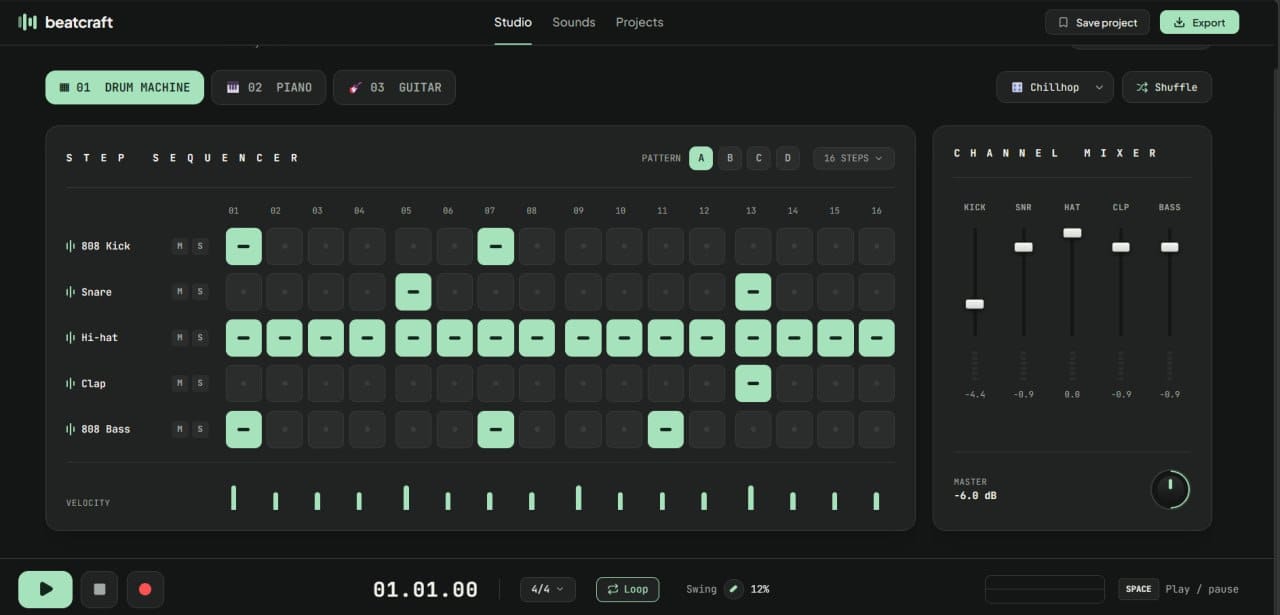 Beatcraft: Pure In-Browser Music Production Featuring Hardware-Style Step Sequencing, Tactile Channel Mixing, and Zero Background Latency - image 1