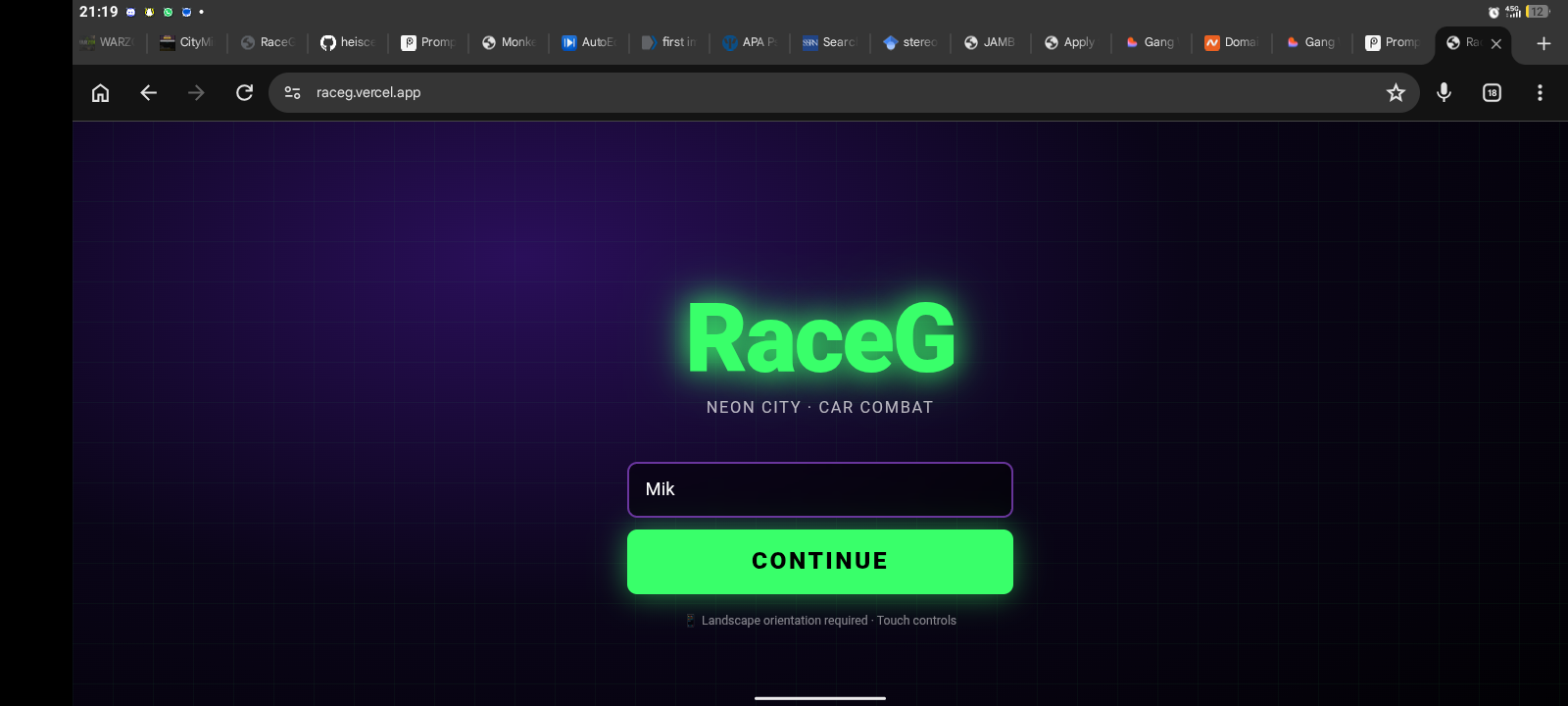 RaceG( a mobile browser-based 3D car combat racing game set in a neon-lit night city.)