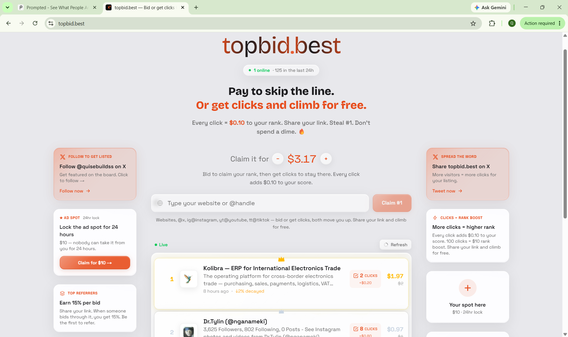 Introducing topbid - Pay to skip the line. Or get clicks and climb for free