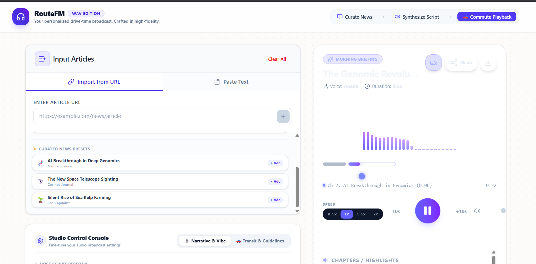 I built RouteFM, a personalized commute broadcaster that stitches custom news feeds and live weather into a downloadable offline WAV file