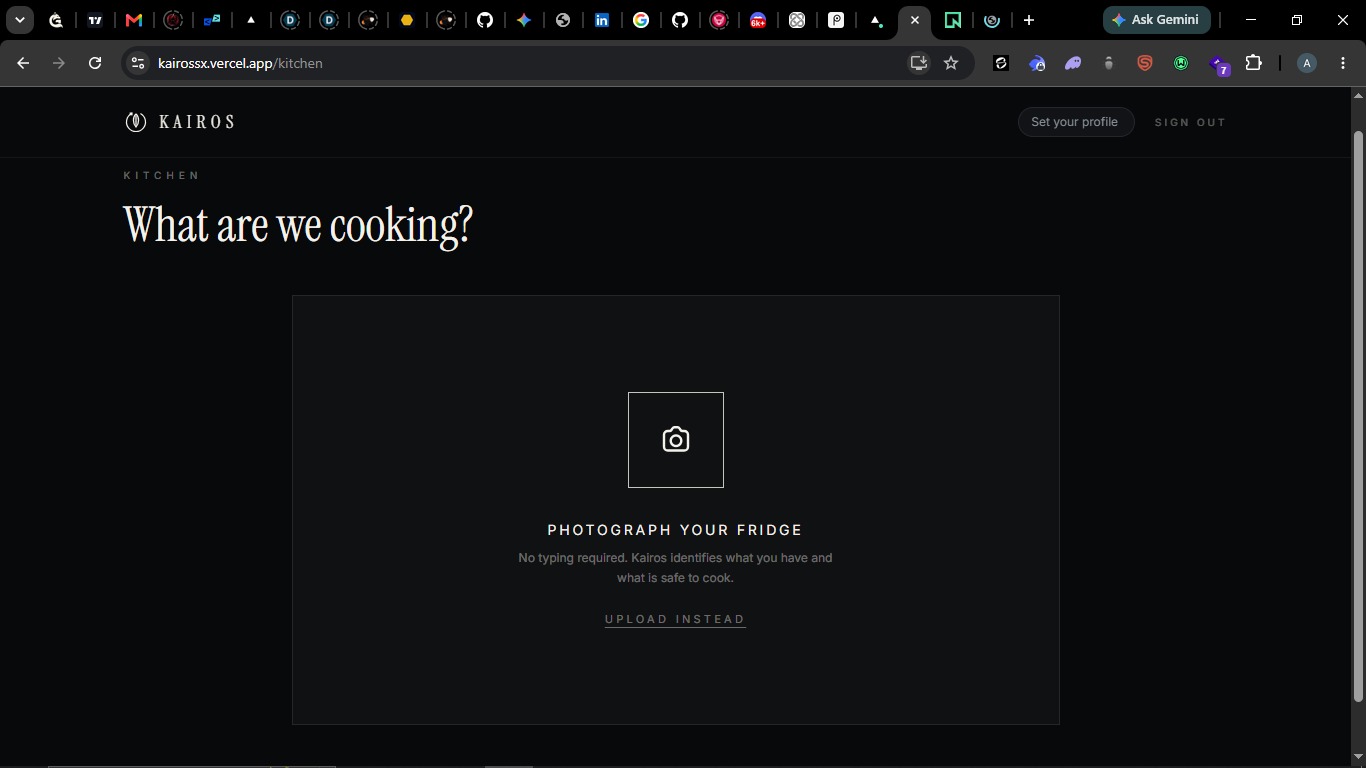 Kairos is an AI-powered zero-waste cooking app. Take a photo of the ingredients in your fridge or kitchen and get a safe recipe from what you already have.