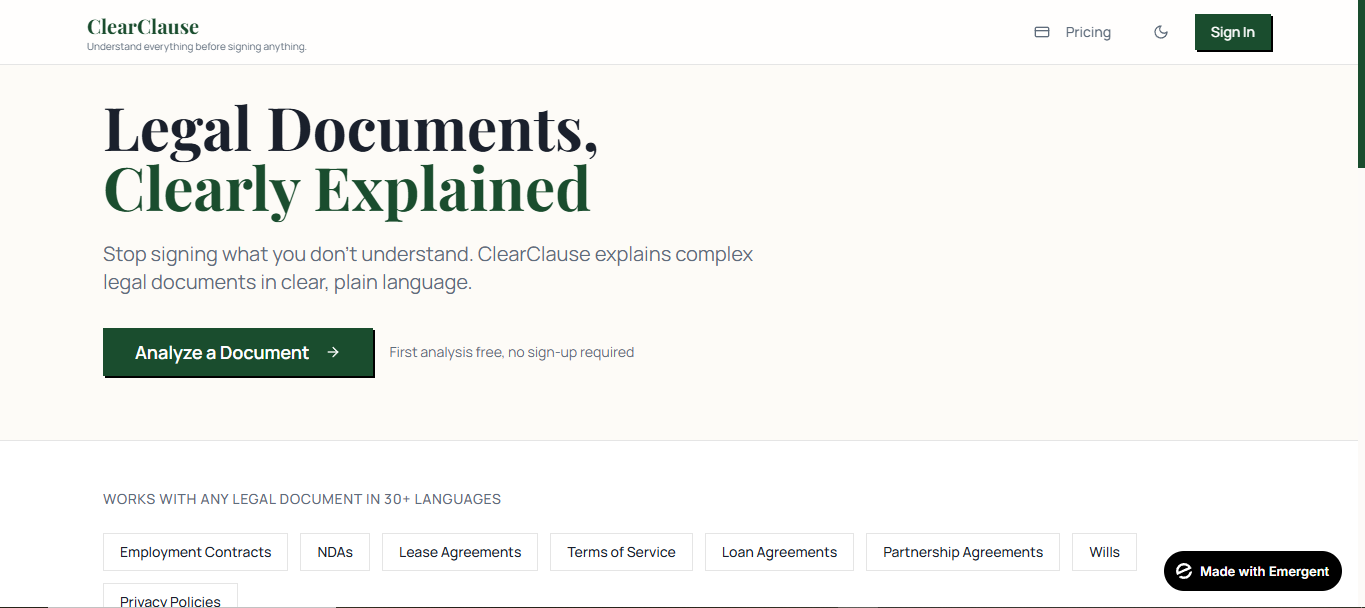ClearClause - AI-Powered Legal Document Explainer (Works in 30 Languages) Built with Emergent