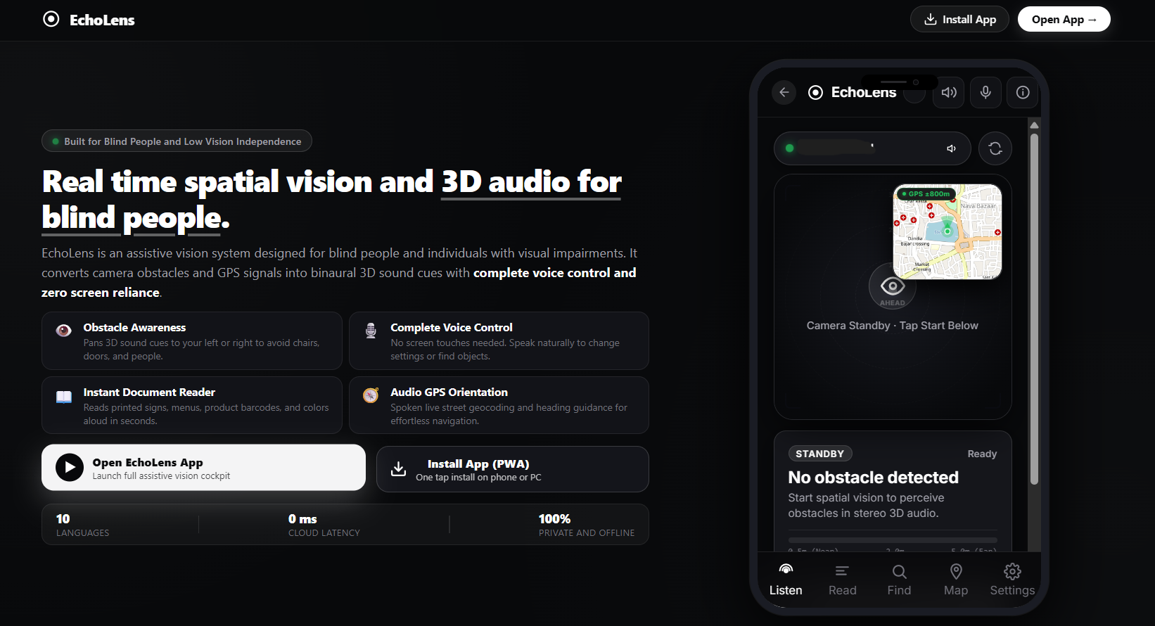 EchoLens — Helping blind people avoid collisions and understand their surroundings with real-time camera object detection, distance-based audio alerts, voice control, and 10+ languages