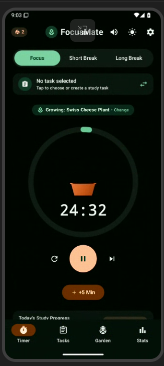 A Pomodoro Study Timer with Virtual Plant Growth, Task Organization, Daily Goals, and Streak Analytics