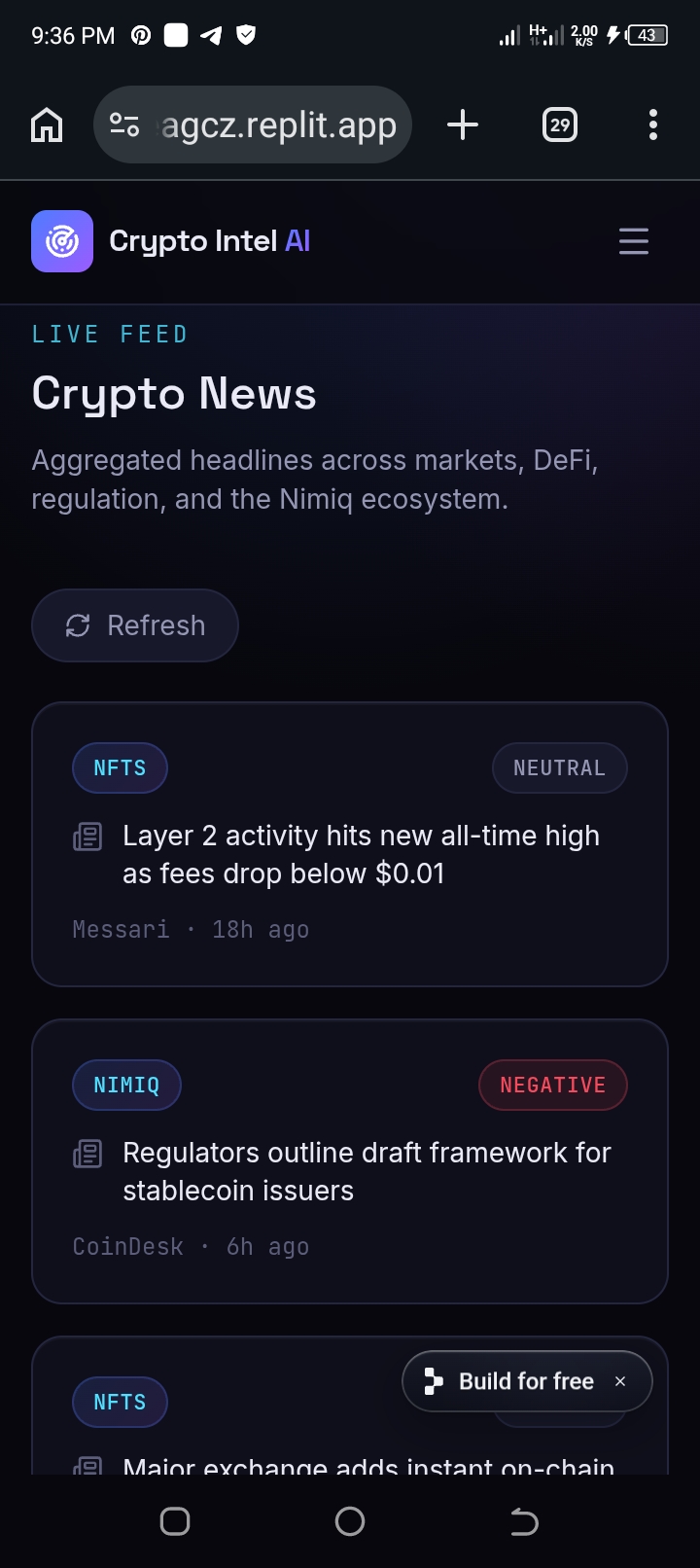 A modern React + Vite web application called crypto intel for nimiq wallet integration. Helps to make crypto market desicions, token analysis and more
