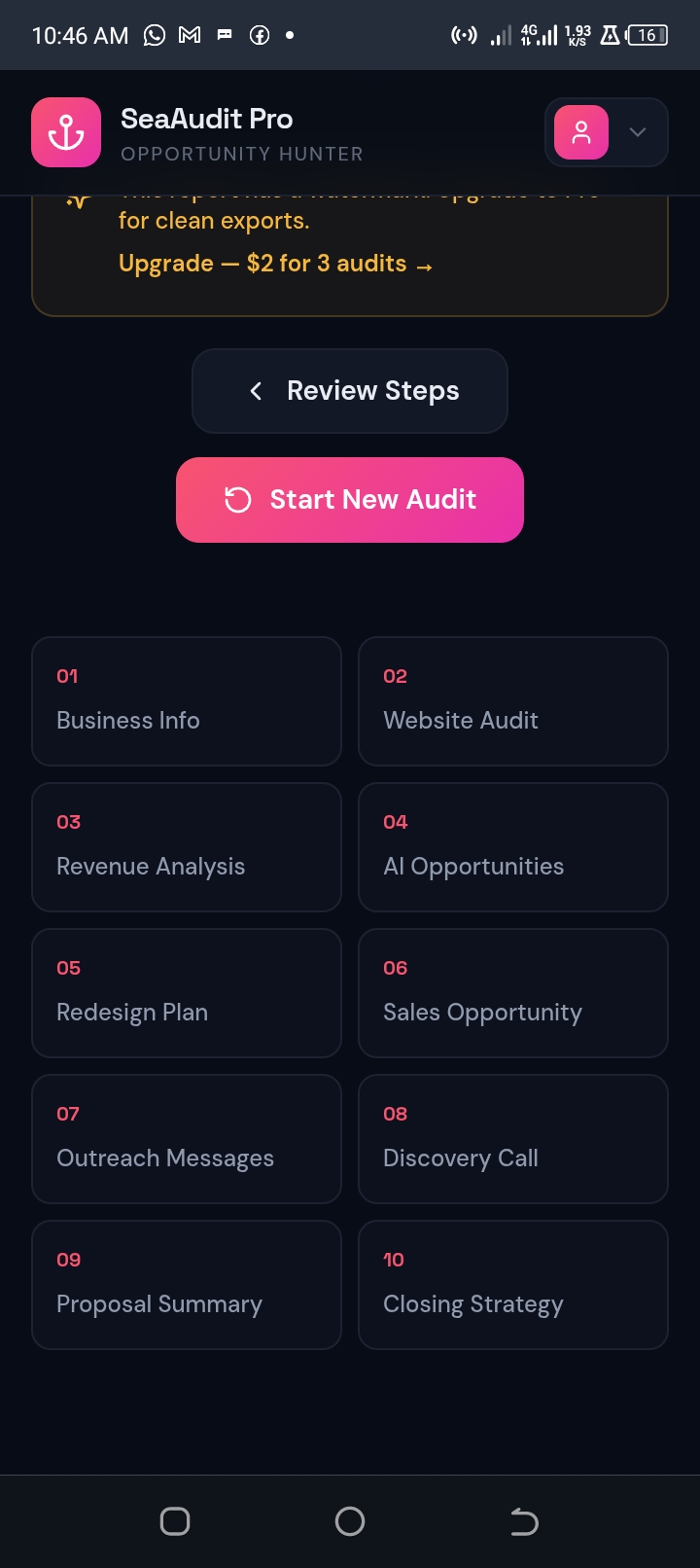 SeaAudit Pro is an AI-powered business & website audit tool that walks a business through a 10-step opportunity analysis โ from basic business info all the way to a closing strategy for landing new clients.