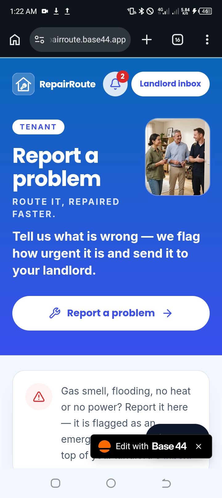 Built RepairRoute, a mobile web app on Base44 that connects tenants, landlords, and vendors to handle home repairs. It's live at landlordssquare.base44.app. When something breaks, the app works out how urgent it is and gets the right vendor on the job. - image 2