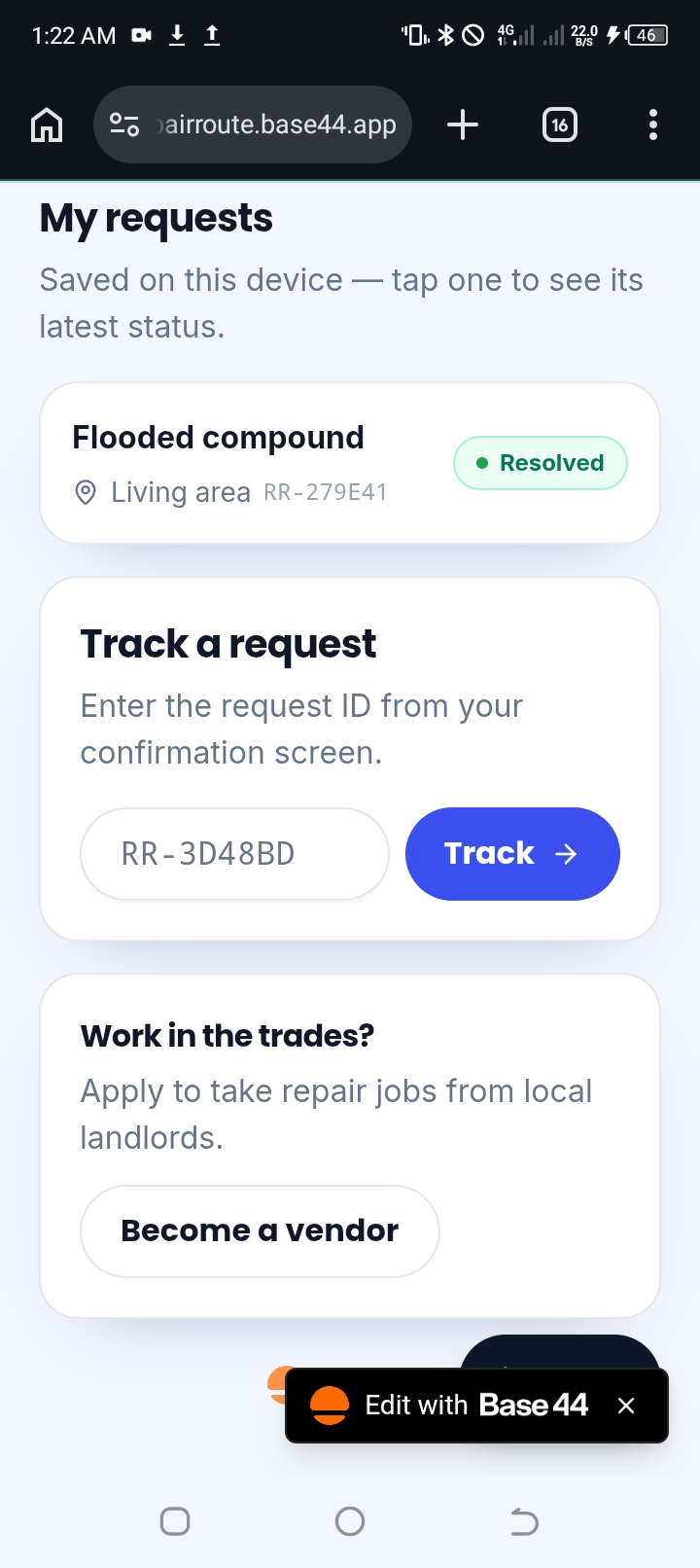 Built RepairRoute, a mobile web app on Base44 that connects tenants, landlords, and vendors to handle home repairs. It's live at landlordssquare.base44.app. When something breaks, the app works out how urgent it is and gets the right vendor on the job. - image 3
