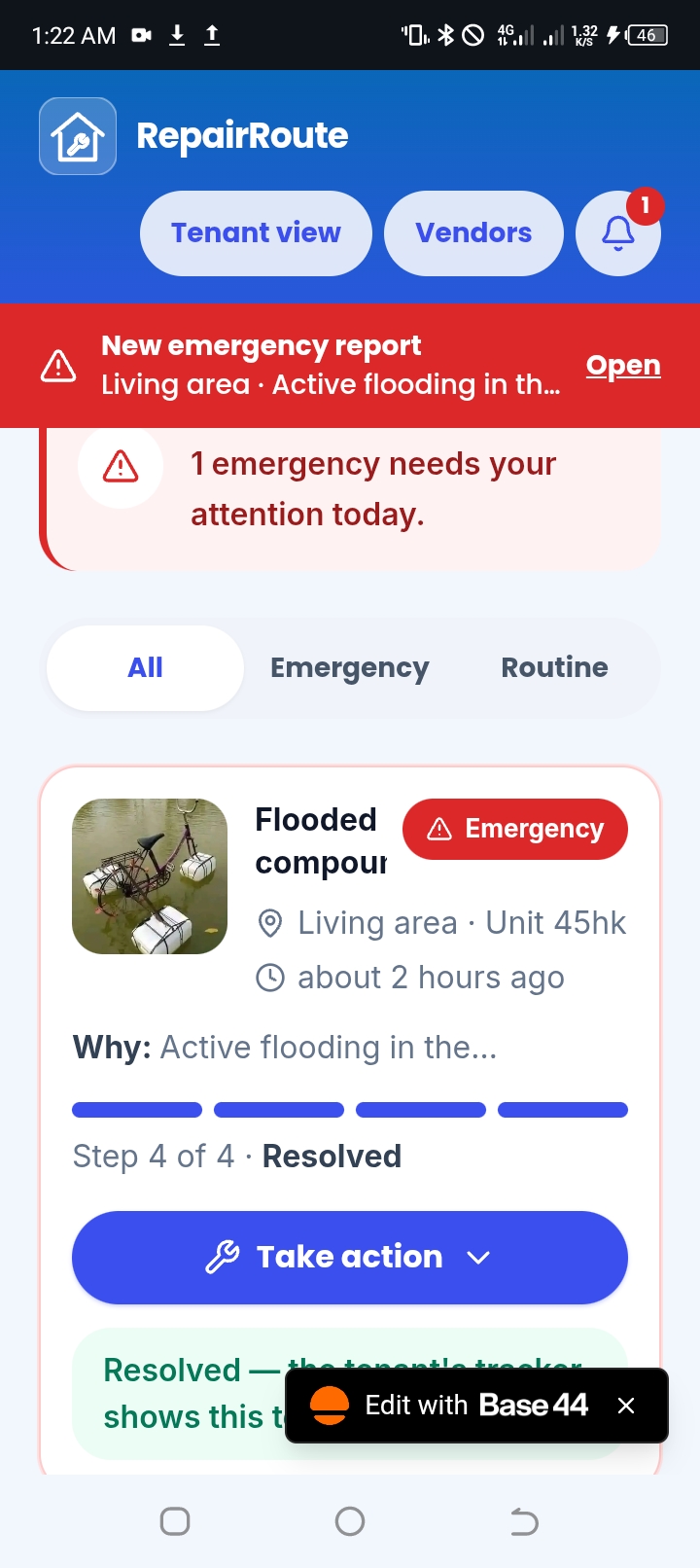 Built RepairRoute, a mobile web app on Base44 that connects tenants, landlords, and vendors to handle home repairs. It's live at landlordssquare.base44.app. When something breaks, the app works out how urgent it is and gets the right vendor on the job. - image 4