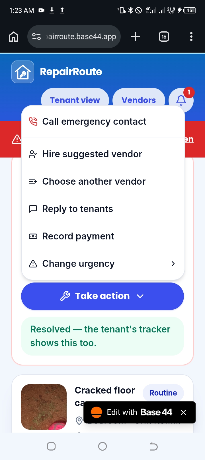 Built RepairRoute, a mobile web app on Base44 that connects tenants, landlords, and vendors to handle home repairs. It's live at landlordssquare.base44.app. When something breaks, the app works out how urgent it is and gets the right vendor on the job. - image 5
