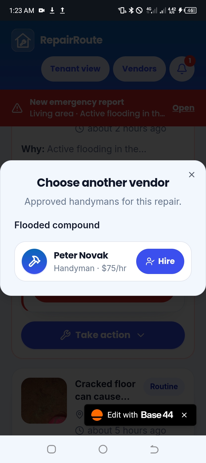 Built RepairRoute, a mobile web app on Base44 that connects tenants, landlords, and vendors to handle home repairs. It's live at landlordssquare.base44.app. When something breaks, the app works out how urgent it is and gets the right vendor on the job. - image 6