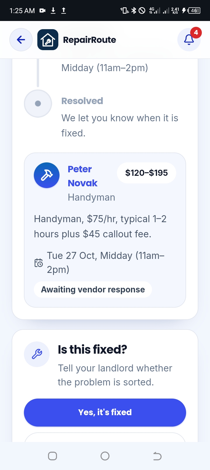 Built RepairRoute, a mobile web app on Base44 that connects tenants, landlords, and vendors to handle home repairs. It's live at landlordssquare.base44.app. When something breaks, the app works out how urgent it is and gets the right vendor on the job. - image 8