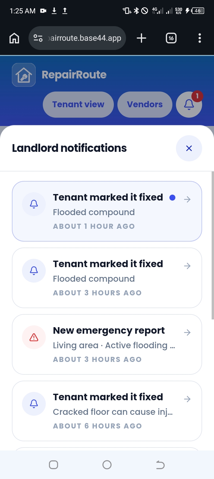 Built RepairRoute, a mobile web app on Base44 that connects tenants, landlords, and vendors to handle home repairs. It's live at landlordssquare.base44.app. When something breaks, the app works out how urgent it is and gets the right vendor on the job. - image 9