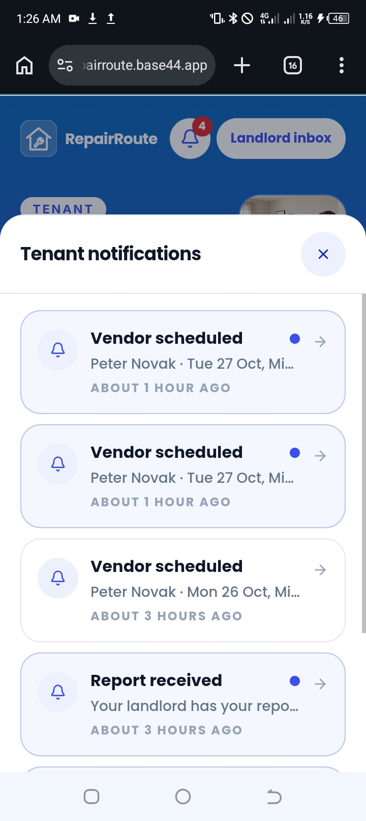 Built RepairRoute, a mobile web app on Base44 that connects tenants, landlords, and vendors to handle home repairs. It's live at landlordssquare.base44.app. When something breaks, the app works out how urgent it is and gets the right vendor on the job. - image 10